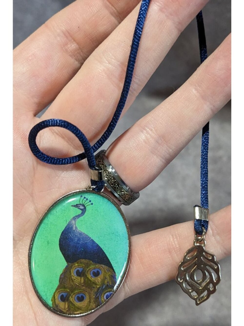 Whimsigoth Peacock Cameo Ribbon Bookmark Blue Green Silver Tone